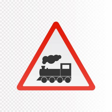 Uyarı işareti üzerinde beyaz izole tren. Vektör demiryolu işareti.