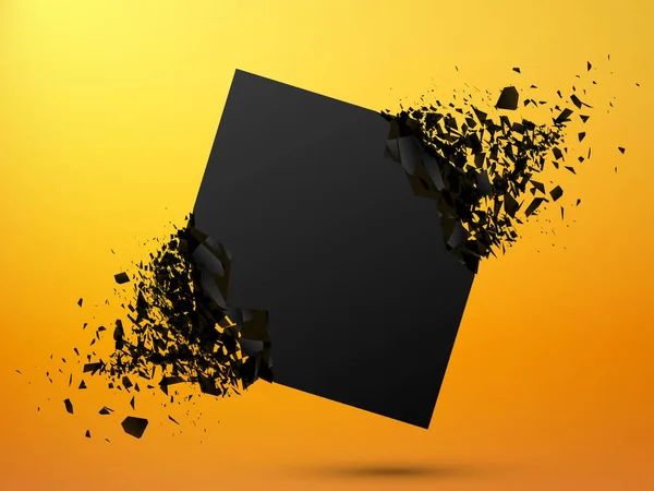 Black square with debris on yellow background. Abstract black explosion. — Stock Vector