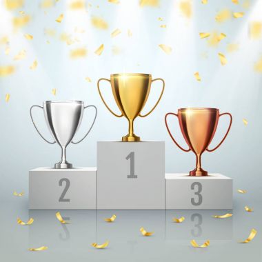 Winner background. Trophy Cups on prize podium. Vector illustration clipart