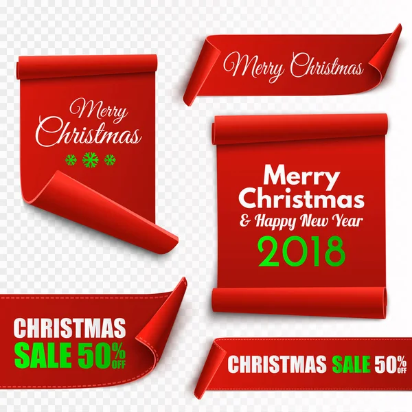 Set of red Christmas banners. Paper scrolls. Vector Xmas sale stickers. — Stock Vector