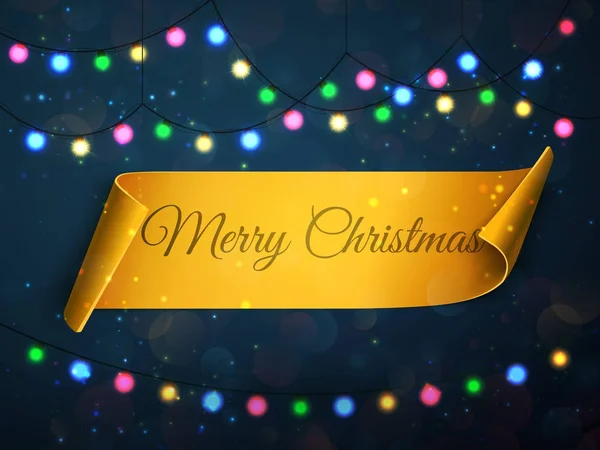 Feliz tarjeta de felicitación de Navidad. Fondo festivo vectorial con luces de colores . — Vector de stock
