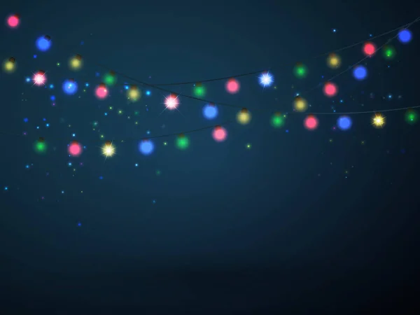 Luci di Natale isolate su sfondo blu. Ghirlanda di Natale. Illustrazione vettoriale . — Vettoriale Stock