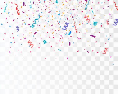 Şeffaf arka planda izole edilmiş renkli parlak konfeti. Festivalsel vektör illüstrasyonu
