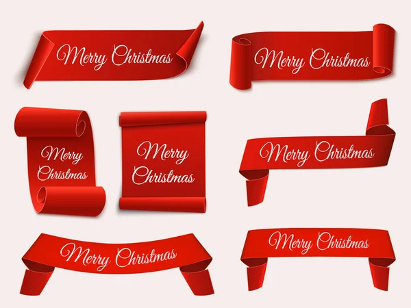 Karácsonyi bannerek elszigetelt. Készlet vörös tekercsek. Vektor sablon — Stock Vector