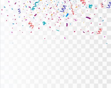 Şeffaf arka planda izole edilmiş renkli parlak konfeti. Festivalsel vektör illüstrasyonu