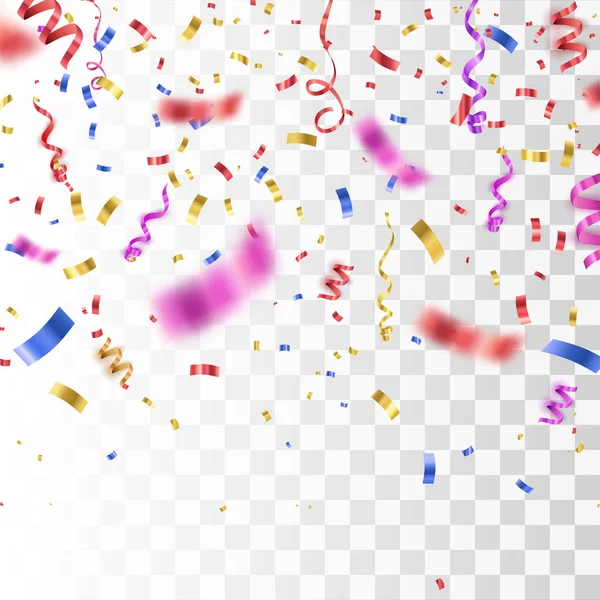 Kleurrijke heldere confetti geïsoleerd op transparante achtergrond. Feestelijke vectorillustratie — Stockvector