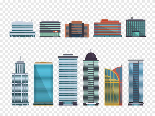 Conjunto de edificios en estilo plano. Casas de ciudad. Ilustración vectorial — Vector de stock