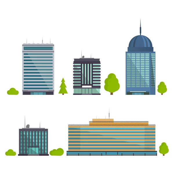 Conjunto de edificios en estilo plano. Casas de ciudad. Ilustración vectorial — Vector de stock