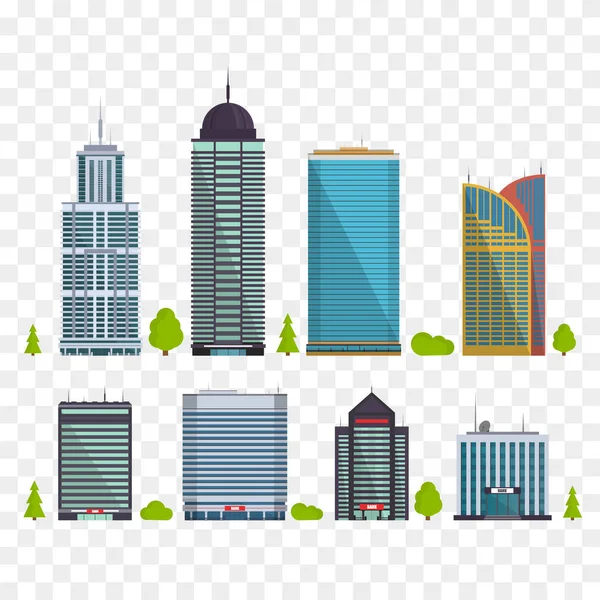 Conjunto de edificios en estilo plano. Casas de ciudad. Ilustración vectorial — Vector de stock