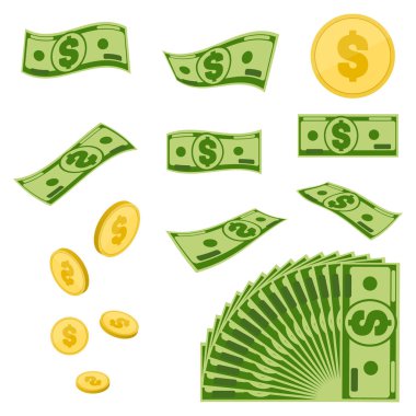 Para ayarlayın. Sikke ve banknot izole. Vektör iş kavramı