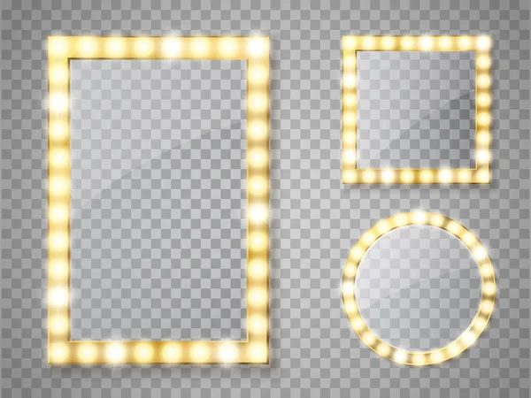 Specchio trucco isolato con luci. Cornici quadrate e rotonde vettoriali — Vettoriale Stock