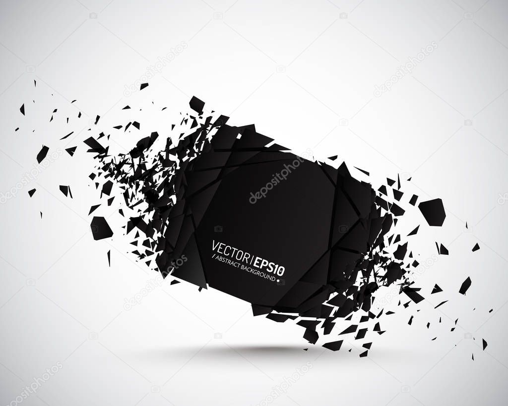 Round banner with explosion effect and many black particles.