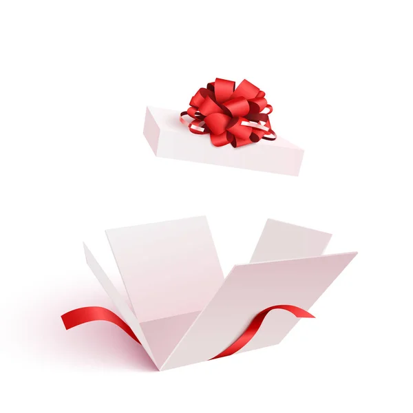 Nyitott ajándék doboz íj elszigetelt. 3d vektor illusztráció. — Stock Vector