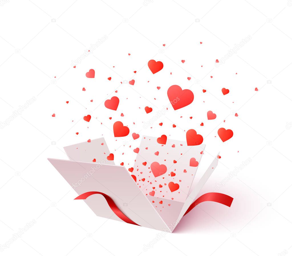 Gift box with heart shape confetti burst explosion