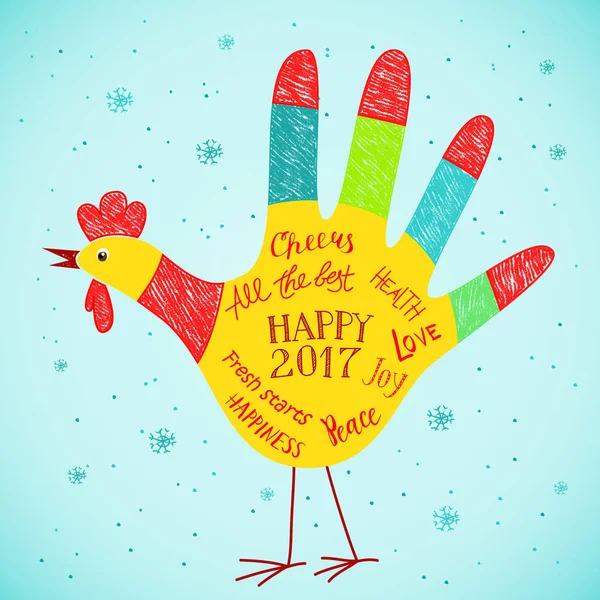 New Year 2017 card with hand print rooster design — Stock Vector