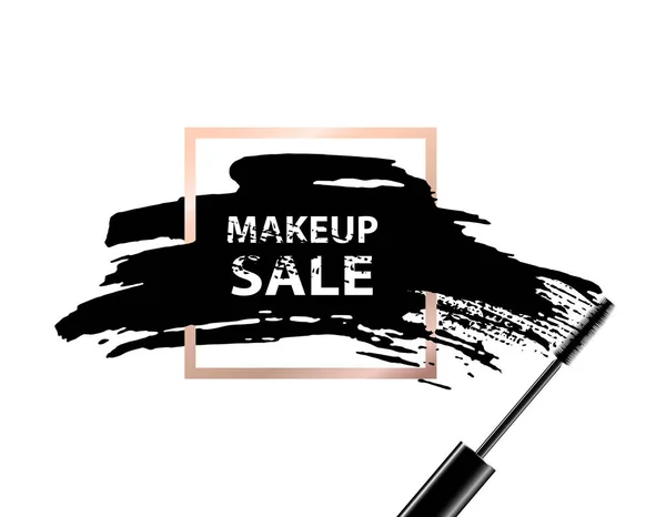 Banner de venda de maquiagem. Texto de venda de maquiagem em fundo escuro e moldura dourada. Ilustração vetorial — Vetor de Stock