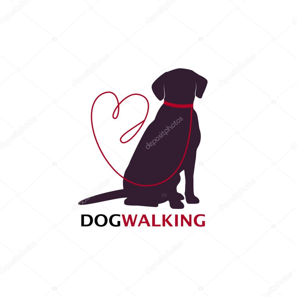 Dog walking logo template with sitting dog silhouette. Vector Illustration.