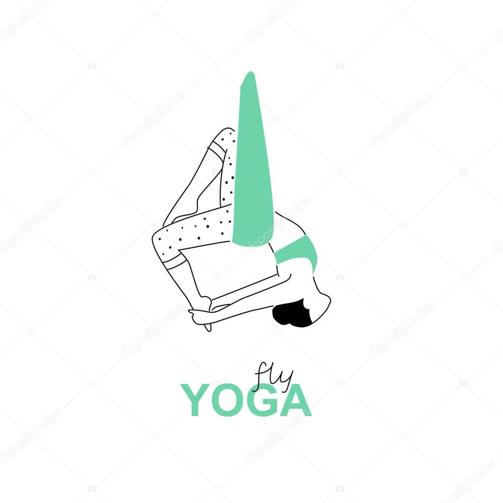 Aerial, fly yoga logo template. Anti-gravity yoga minimalistic business card design. Vector illustration