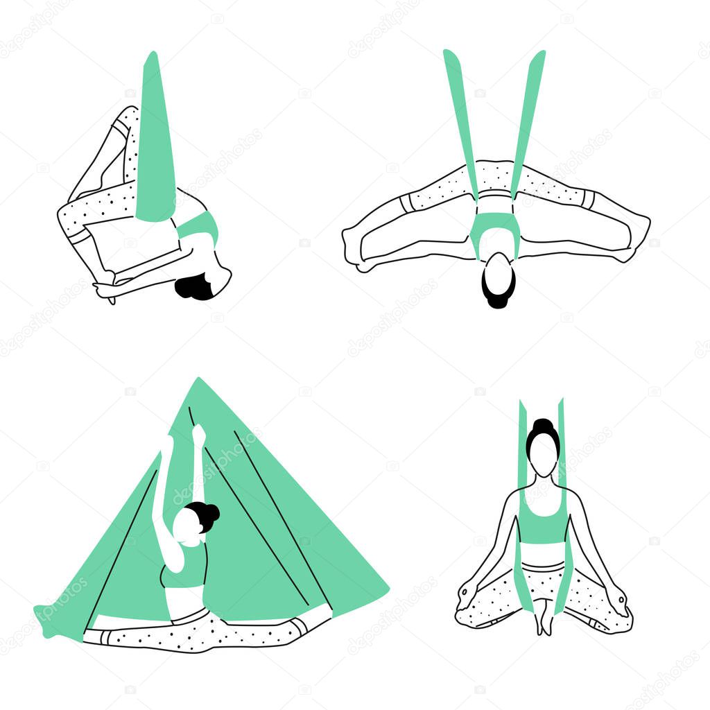 Set of aerial, fly yoga poses. Anti-gravity yoga minimalistic design. Vector illustration