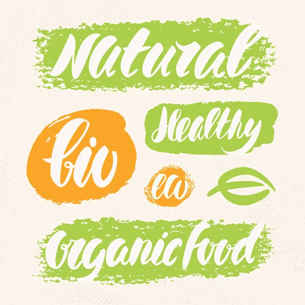 Orgânico, natural, bio e fazenda fresca. Conjunto de rótulos para alimentos biológicos e naturais . —  Vetores de Stock