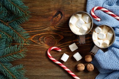 İki fincan kapuçino Noel hediyeleri, fındık, koni ve köknar dalı ahşap arka plan üzerinde kapat