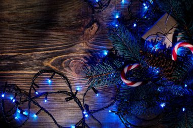 Köknar ağacı dalı Noel ışıkları, hediye kutusu ve şeker ile kopya alanı ile ahşap arka plan üzerinde köpekler.