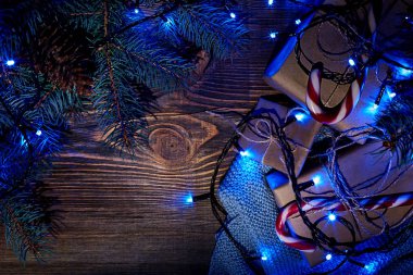 Köknar ağacı dalı Noel ışıkları, hediye kutusu ve şeker ile kopya alanı ile ahşap arka plan üzerinde köpekler.