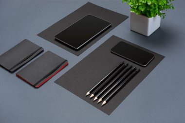 Düz kadar modern sahte dizüstü bilgisayar ve Kırtasiye gri arka plan üzerinde yatıyordu.