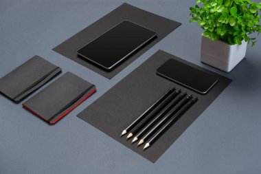 Düz kadar modern sahte dizüstü bilgisayar ve Kırtasiye gri arka plan üzerinde yatıyordu.