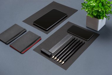 Düz kadar modern sahte dizüstü bilgisayar ve Kırtasiye gri arka plan üzerinde yatıyordu.