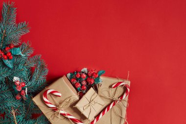 Çam kozalakları, çam dalları ve hediye kutuları kırmızı zemin üzerine yığını Noel bileşimi