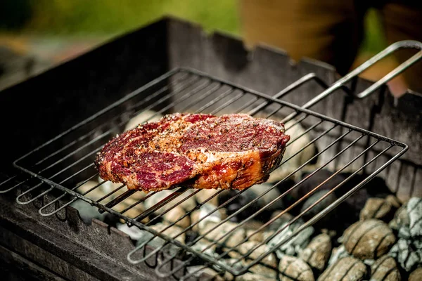 Sıcak Baharatlı biftek süslenmiş sıcak kömürlerin üzerinde bir yaz barbekü ızgara.