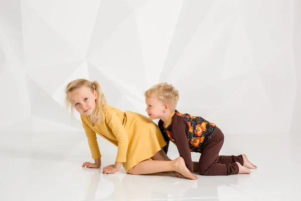 Брат и сестра играют и улыбаются в белой студии — стоковое фото