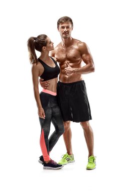 Kadın ve adam Studio beyaz arka plan üzerinde genç sporcuların Çift