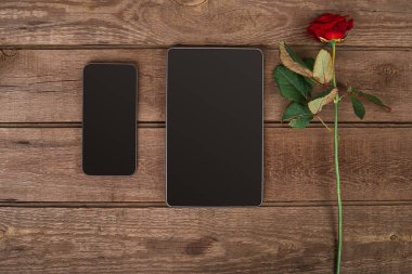 Kırmızı gül, akıllı ve ahşap arka plan üzerinde tablet