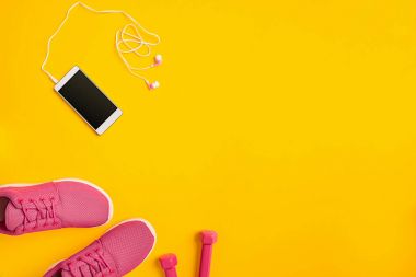 Üstten Görünüm, düz yatıyordu. Mockup. Spor ve fitness arka plan.