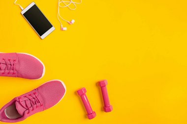 Üstten Görünüm, düz yatıyordu. Mockup. Spor ve fitness arka plan.