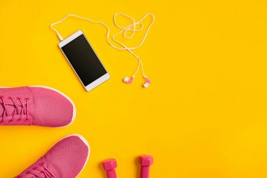 Üstten Görünüm, düz yatıyordu. Mockup. Spor ve fitness arka plan.