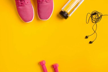 Üstten Görünüm, düz yatıyordu. Mockup. Spor ve fitness arka plan.
