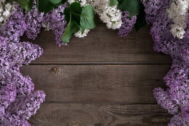 Leylak çiçeği mesaj tebrik için boş alanı rustik ahşap zemin üzerine. Üstten Görünüm