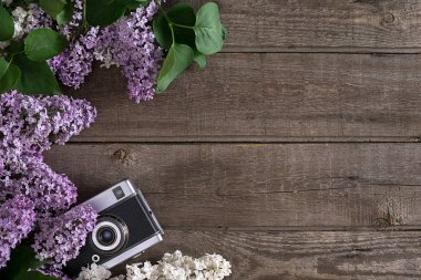 Leylak çiçeği mesaj tebrik için boş alanı rustik ahşap zemin üzerine. Eski bir kamera. Üstten Görünüm