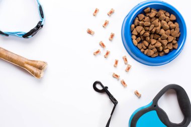 Yaka, mavi kase besleme, kira kontratı ve incelik köpekler için. Beyaz arka plan üzerinde izole