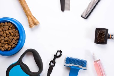 Yaka, besleme, kira kontratı, incelik, mavi kaseyle tarak ve köpekler için fırçalar. Beyaz arka plan üzerinde izole