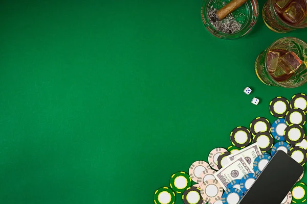 View from above with copy space. Banner template layout mockup for online casino. Green table, top view on workplace. — Stock Photo, Image