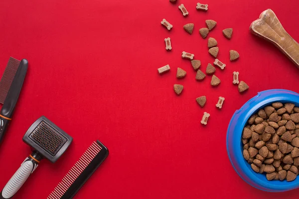 Evde beslenen hayvan aksesuarlar kırmızı zemin üzerine. Üstten Görünüm