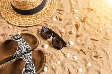 Beachwear, flip flop, şapka, güneş gözlüğü ve kabukları üzerinde kum plaj yaz.