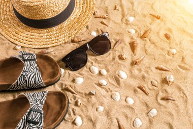 Beachwear, flip flop, şapka, güneş gözlüğü ve kabukları üzerinde kum plaj yaz.