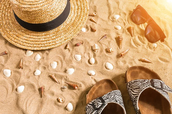 Beachwear, flip flop, şapka, güneş gözlüğü ve kabukları üzerinde kum plaj yaz.