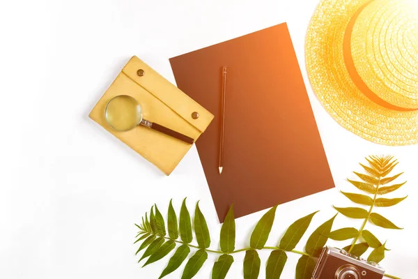 Hasır şapka ile yeşil yaprakları ve beyaz arka plan, yaz arka plan üzerinde eski fotoğraf makinesi. Üstten Görünüm. Güneş parlaması