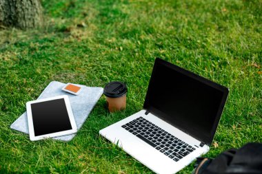 Kahve fincanı, çanta ve açık park tablet ile yeşil çimenlerin üzerinde dizüstü bilgisayar
